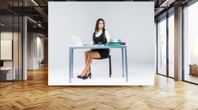 Business woman sitting at working table with paper isolated on gray background Wall mural